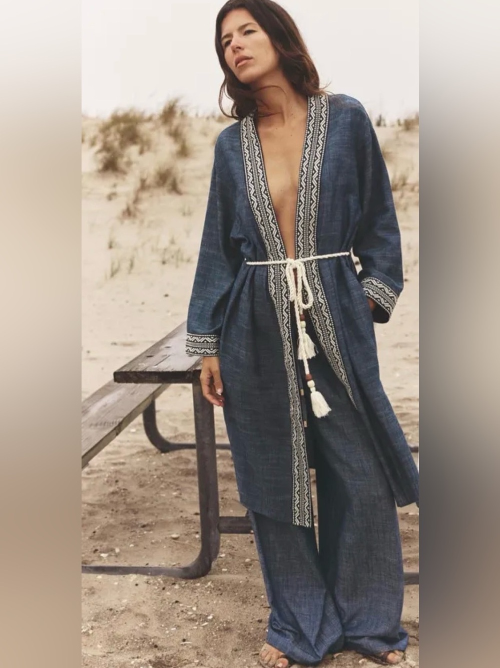 Zara Embroidered Belted Kimono XS-S Indigo Linen Blend Boho Cover Up